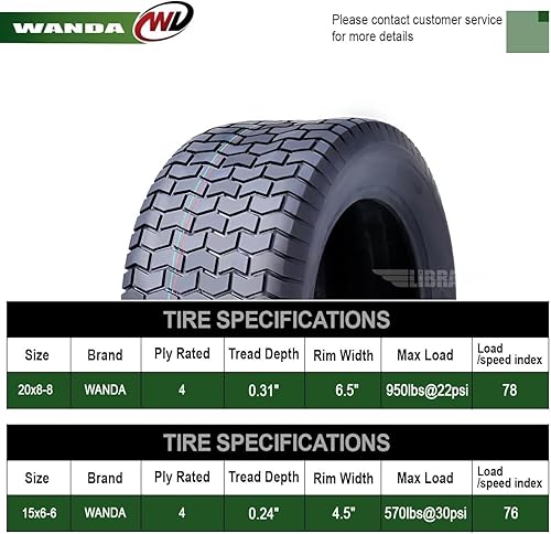 Miniatura 4 de WANDA Juego de 4 neumáticos de césped de 15X6-6 y 20X8-8 para cortacésped, carrito de césped, 4 capas, 1311413131