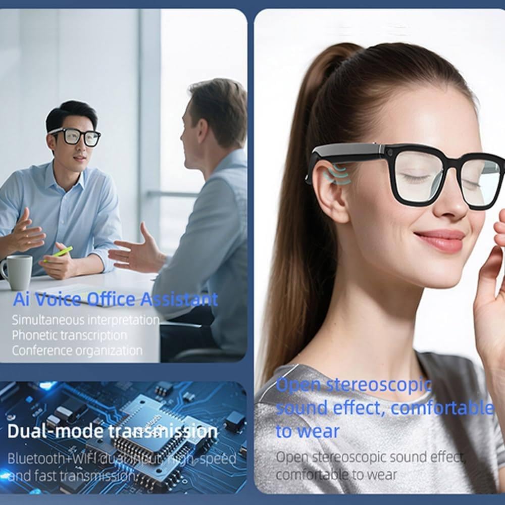 Occhiali intelligenti con fotocamera HD, assistente vocale e riconoscimento oggetti per registrazione a mani libere e assistenza in ufficio