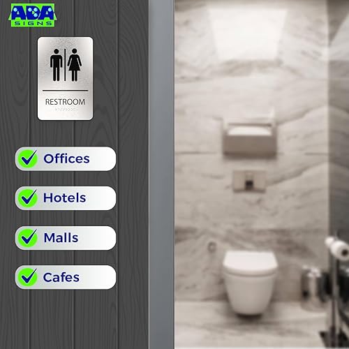 Miniatura 7 de ADASigns - Letrero unisex para baño, aluminio cepillado duradero de 6 x 9 pulgadas con Braille, fácil instalación con cinta adhesiva fuerte,