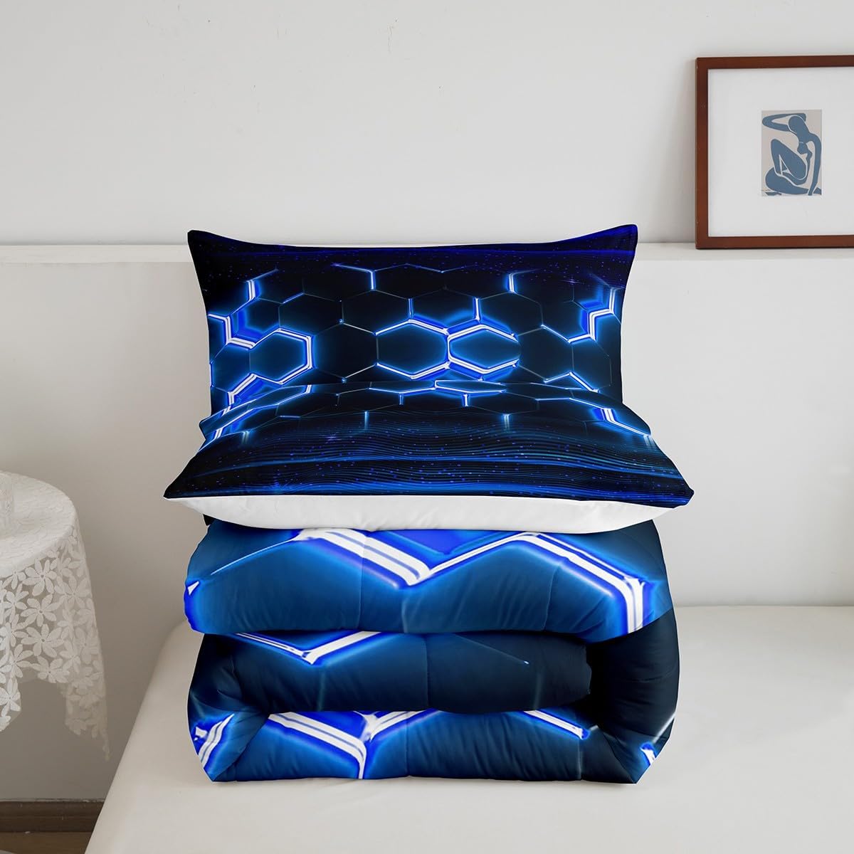 Honeycomb Comforter Set Queen Size, Ombre Theme Bedding Sets Boys Teen Blue Glitter Comforter Geometric Abstract Modern Quilt Set with 2 Pillow Cases