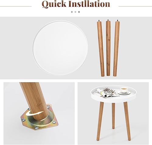 Miniatura 3 de Giantex Mesa auxiliar redonda, mesa auxiliar con bandeja de madera, soporte de trípode resistente y conectores de metal de alta calidad, mesa