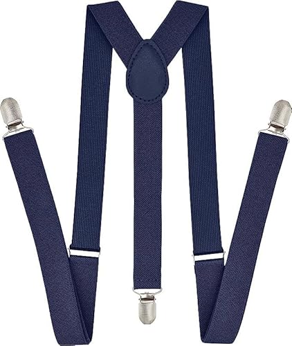H HOME-MART Y Back Suspenders for Men - Adjustable Size Elastic 1 inch Men's Braces Wide Suspender Brace for Women Heavy Duty Clips (Navy Blue)