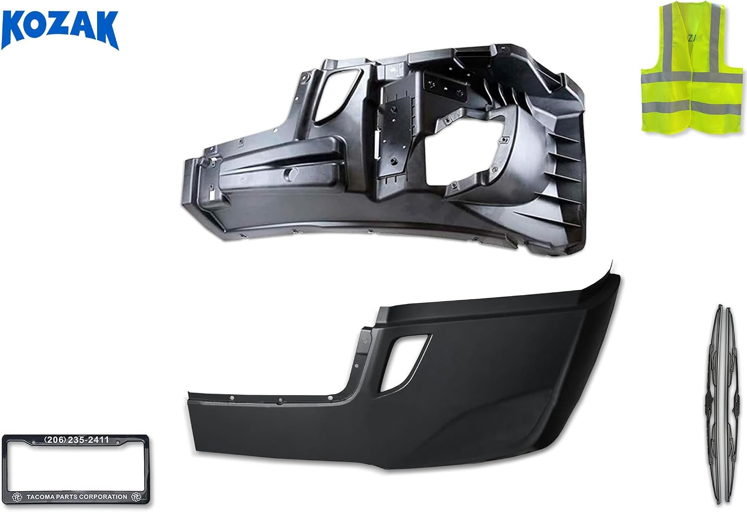 Kozak 2018+ Freightliner Cascadia Bumper Inner Reinforcement & Outer Cover Plastic without Fog Light Hole Driver Left Side Plus Logo, License Plate Frame, 2x 22" Wipers and Reflective Vest