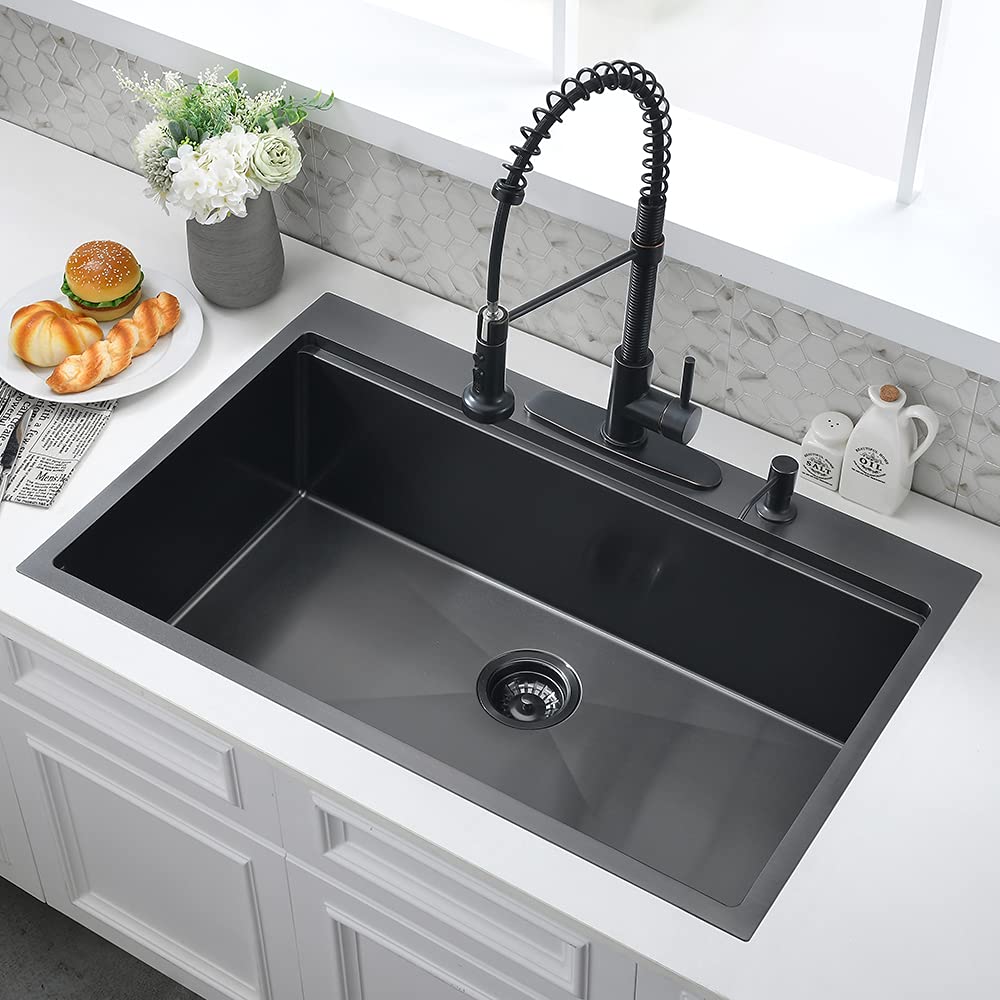 AOMEI 33x22 Inch Black Drop-In Kitchen Sink – 16 Gauge Stainless Steel With Workstation Accessories