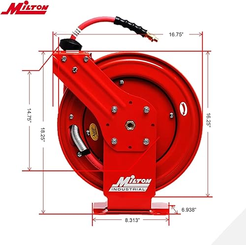 Miniatura 4 de Milton carrete de manguera de aire de fuerza industrial con doble brazo de acero retráctil automático, 38 pulgadas MNPT x 50 pies Manguera de goma