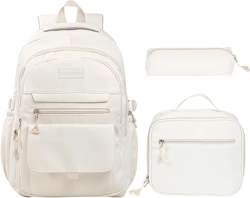 Phaoullzon Mochila escolar para niñas adolescentes con lonchera para niños, mochila estética universitaria para laptop para mujeres, Beige, Juego de