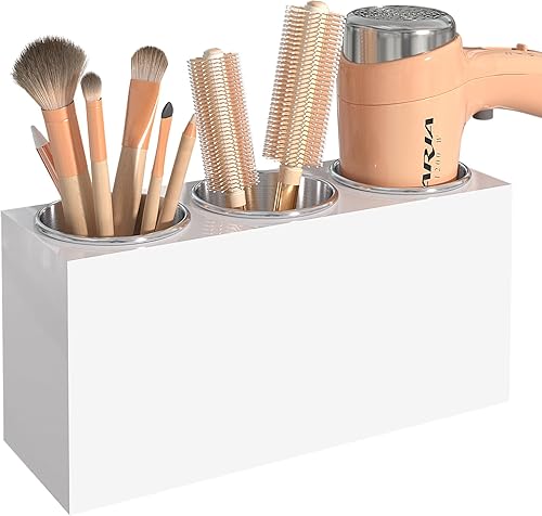 Miniatura 9 de Organizador de herramientas para el cabello, soporte para secadora de pelo de montaje en pared con 2 tazas, diseño festoneado, organizador de 2