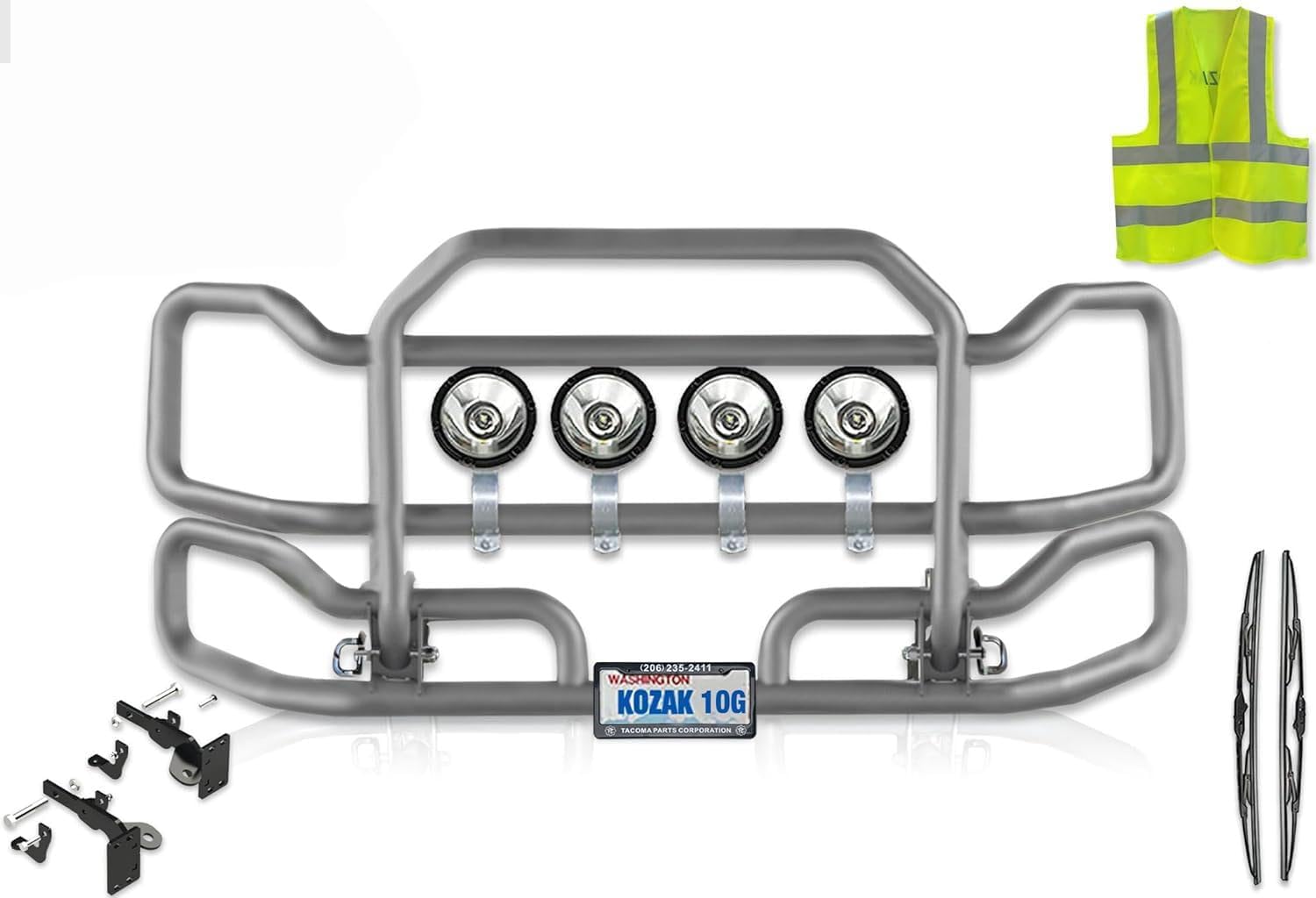 Front Gray Grille Deer Moose Brush Bumper Guard Large Compatible with Peterbilt 384 PLUS Bracket, Logo, 4x 6" Round LED Headlights, Wipers, License Plate Holder and Frame, Vest