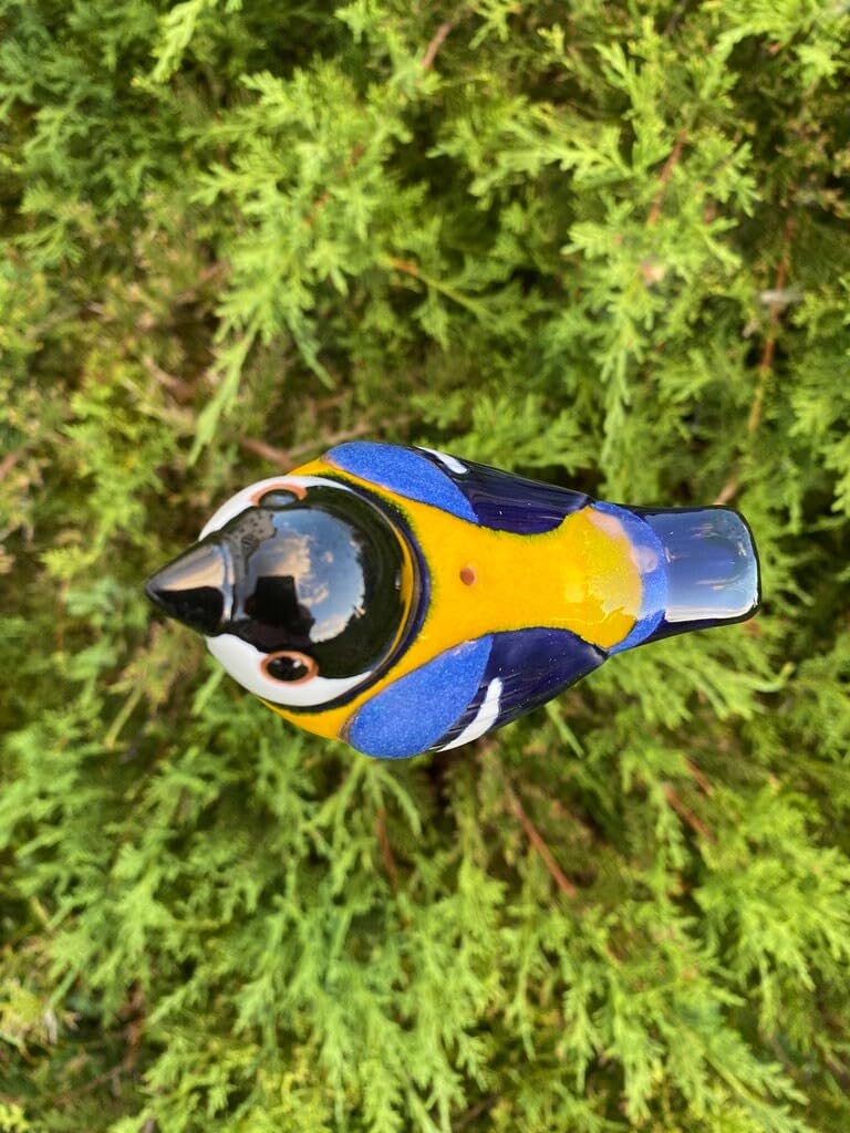 Gartenstecker Keramik Handgefertigt - Gartendeko für Draußen Wetterfest - Garten Deko Keramik - Vogel Gartenfiguren & Gartenstatuen - Blaumeise/Meise