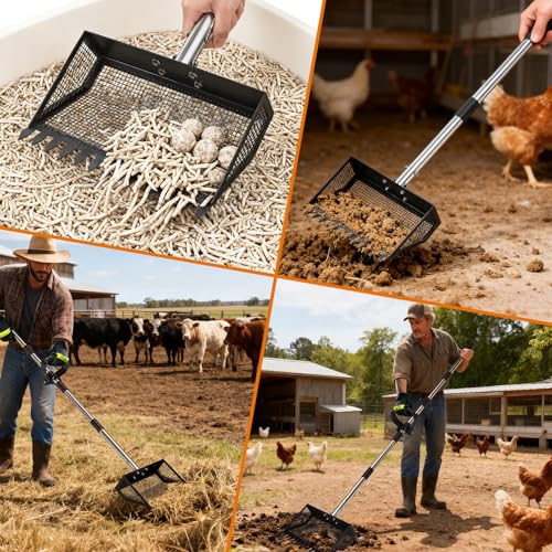 25.5cm Hühnerkotschaufel mit Ergonomischem Griff, Hühner Zubehör Siebschaufel Metall, 4-In-1 Verstellbare 89-190cm Chicken Poop Scooper Zum Reinigen von Hühnerställen Ziegenställen Ställen