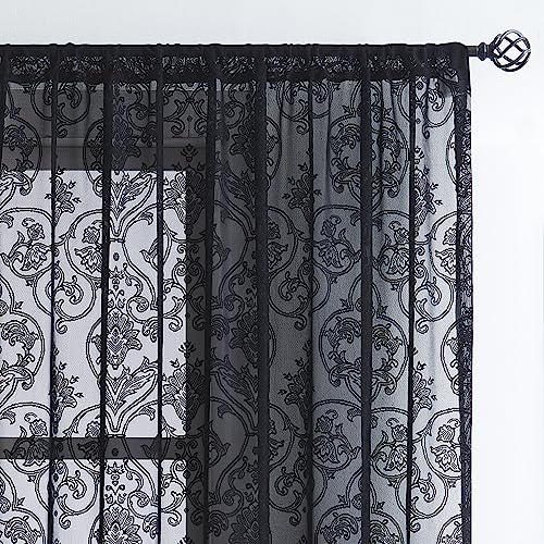 Image of Black Lace Curtains 84 inch Damask Sheer Curtain Panels for Living Room Bedroom Luxury Vintage Light Filtering Victorian Drapes Black Window Treatment Sets Rod Pocket 2 Panels 54 inch W