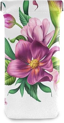 HUSSRITY Eyeglasses Case Tropical Purple Flowers Sunglasses Pouch Soft PU Leather Squeeze Top Eyeglass Holder Portable Glasses Case For Women Men