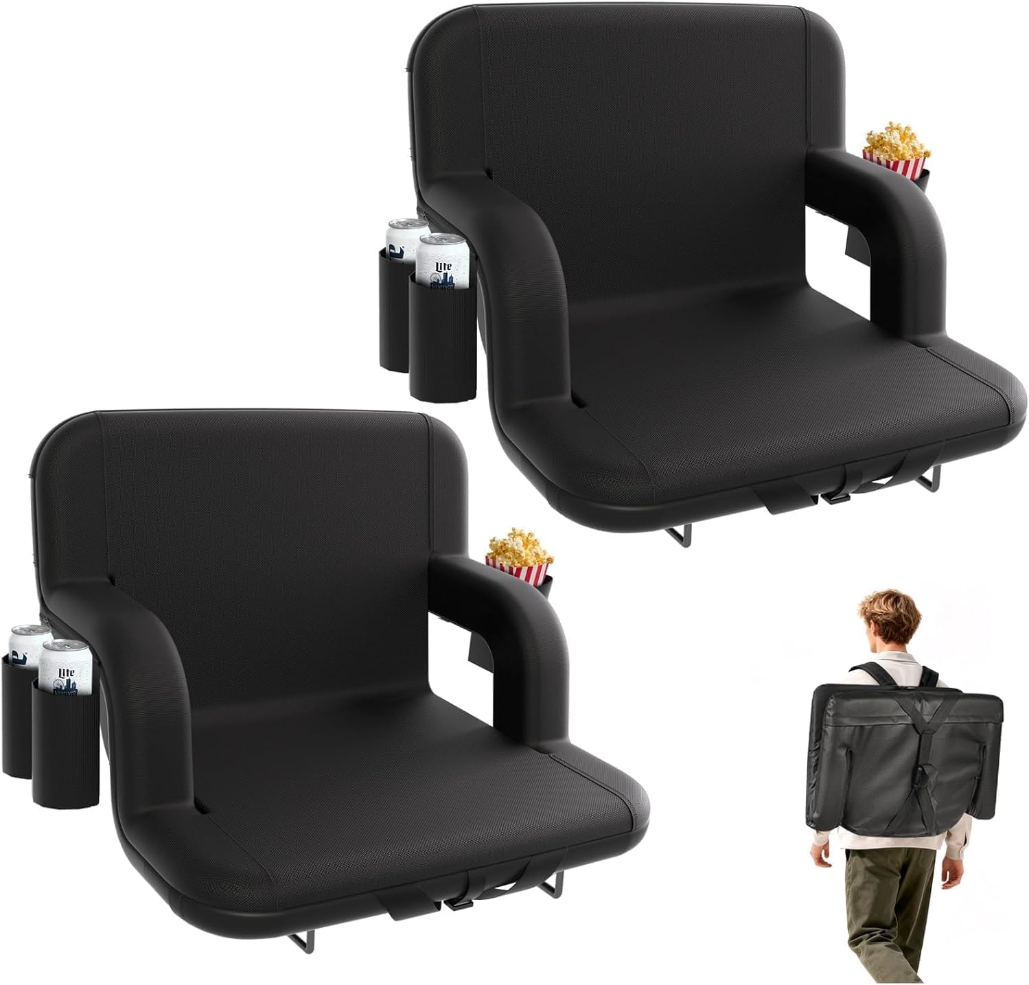 Stadium Seats with Back Support - Portable Bleacher Chairs with Back and Cushion, 6 Adjustable Positions Pdded Bleacher Seat for Sport Events Camping Fishing Regular - 23" Black 2pcs