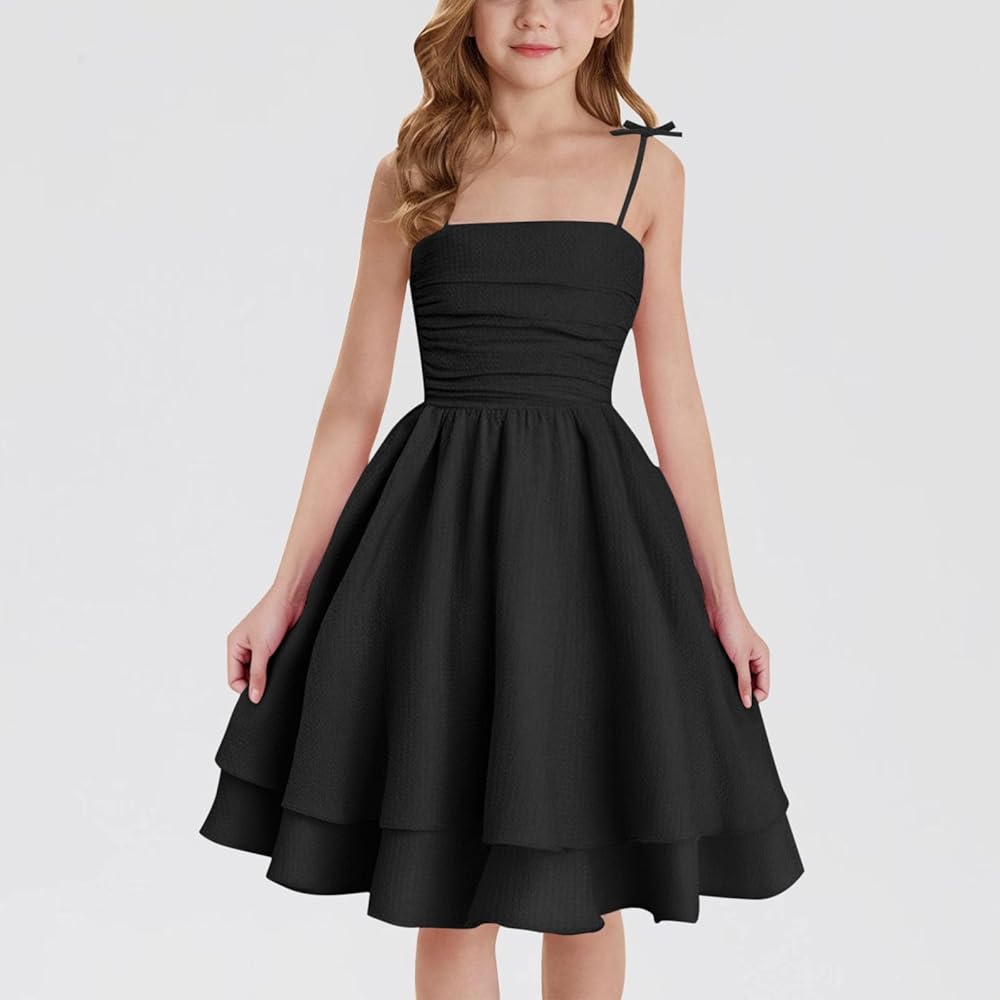 klijuiaup Tween Girls Summer Dresses Cute Smocked Ruched Swing Dress  Layered Spaghetti Strap Junior School Dance Graduation Party Formal Dress  for Teens Girls 8-12 Years Old Black : Amazon.co.uk: Fashion