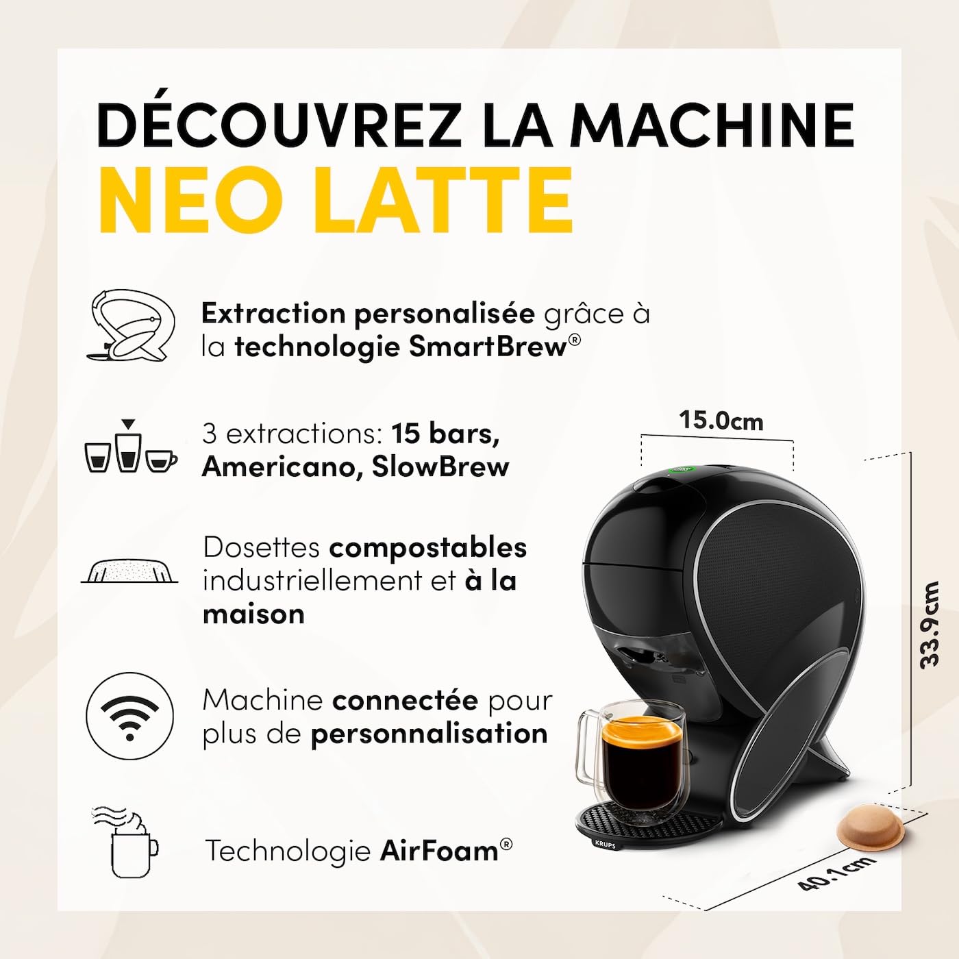 Dolce Gusto NEO Coffee Machine by Krups, Machine à café + 3 boites de dosettes compostables (Espresso, Lungo, Cappuccino), Cafetière multi-boissons connectée YY5242FD