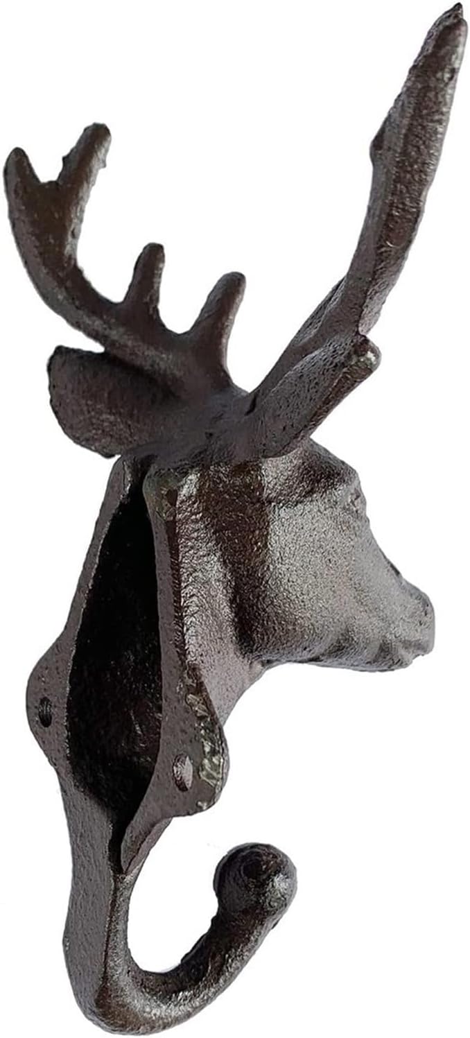Rustic Double Hook, Cast Iron Deer Head Wall Hook Vintage Metal Wall Mounted Coat Hook Home Decor Animal Shaped Key Coat Hat Hooks Towel Living Room Bathroom Room Decoration (Gold-2PCS)