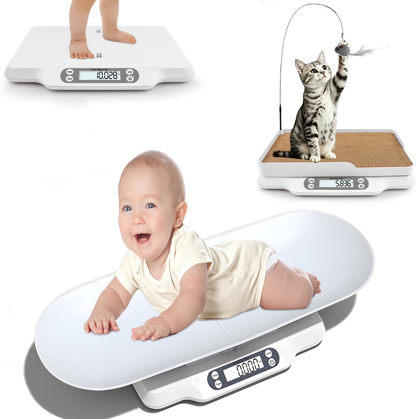 Balance Bébé Numérique 30kg 70cm avec Plateau Amovible, Fonction Hold, Tare, écran LED