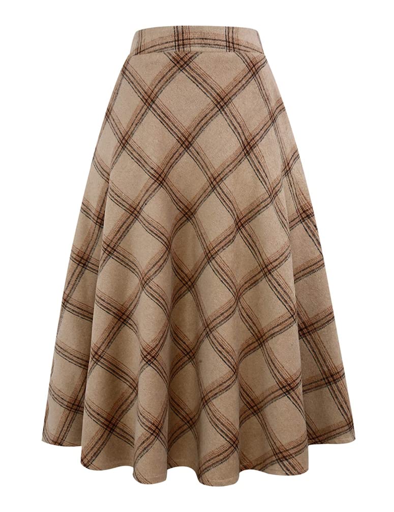 Ylingjun Long Plaid Wool Skirt for Womens Winter Fall Warm High Elastic Waist A line Flared Pleated Wool Tartan Skirts, Khaki, X-Small