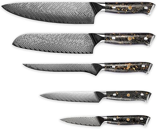 Juego de cuchillos de Damasco de 5 piezas para juegos de cuchillos de cocina para cocina con bloque mango ergonómico para cuchillo de chef, acero