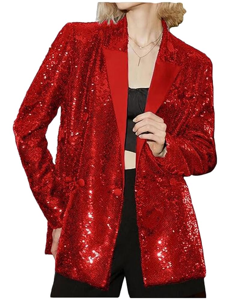 Womens Double Breasted Sequins Blazer Notch Lapel Loose Style Jacket with Long Sleeves Prom Coat