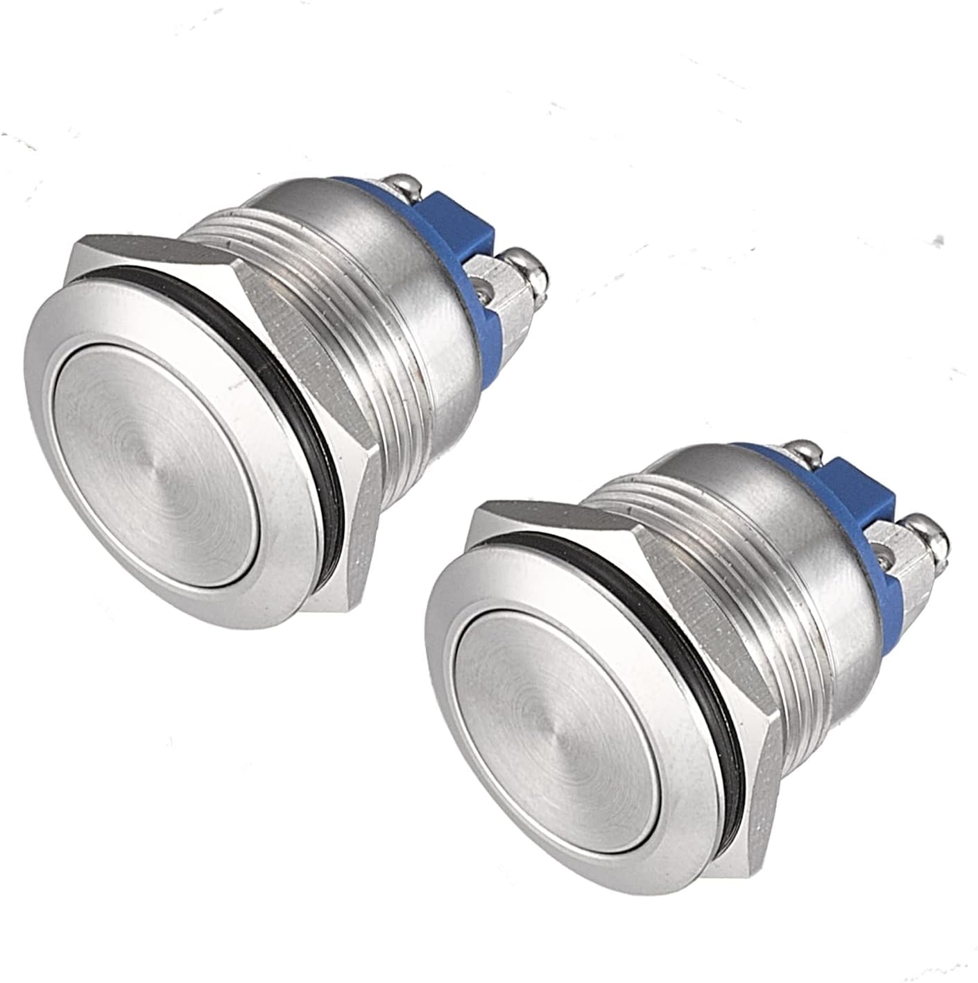 APIELE Push Button Switch 19mm Momentary Waterproof Stainless Steel Metal Flat Top 12V 24V 36 DC 110V 250V AC 5A 1NO SPST Screw Terminal (Pack of 2)