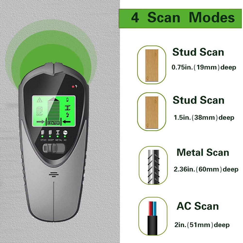 Skaner Stud Finder, wykrywacz studów, wykrywacze centrum sondy 4 w 1 do wykrywania studni głębokiego metalu i przewodów AC z wyświetlaczem LCD HD i alarmem dźwiękowym