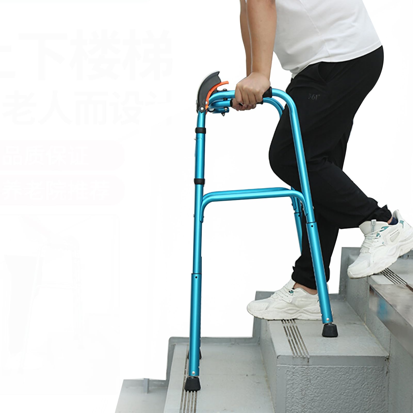 Lsrfxf Blue Climbing Stairs Folding Walking Frame, Height Adjustable Lightweight Walking Mobility Aid, Aluminium Upright Climbing Stairs Standard Walker For Elderly