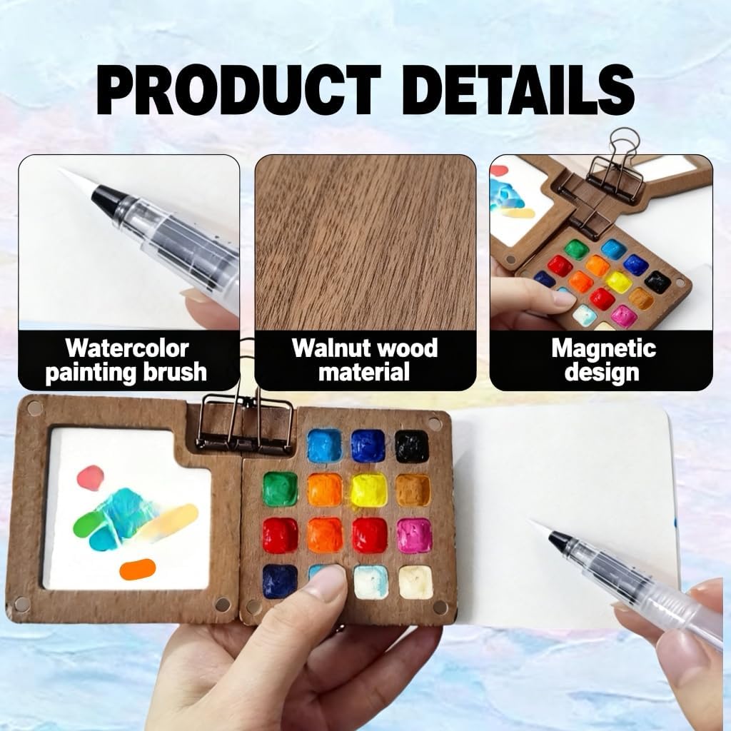 Portable Mini Watercolor Paint Set, 24 Colors Travel Watercolor Kit with Wooden 15 Grid Palette, Sketchbook, Brush & Waterproof Bag for Beginners, Artists, Outdoor Painting