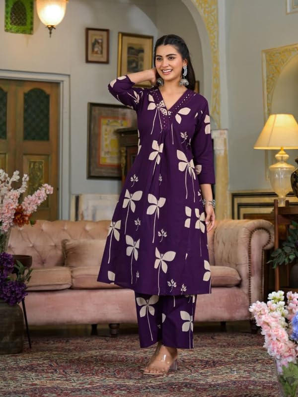 Image of NIVANA Cotton Floral Printed & Neckline Embroidered A-Line Kurta with Palazzo for Women | Fashionable Ethnic Wear Kurta Set