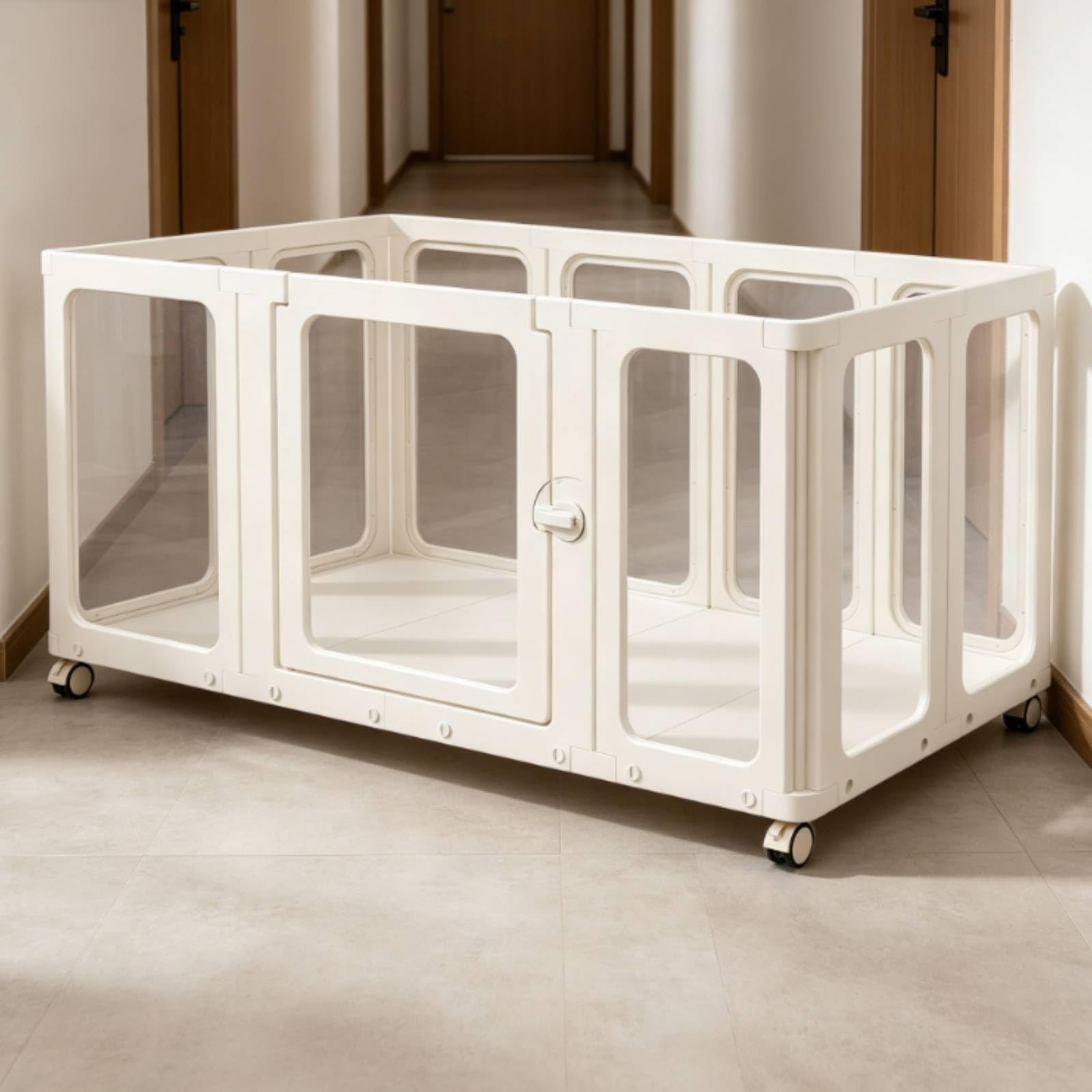 Portatile da Interno Modulare Recinzione Trasparente Box per Animali con Porta con Ganci di Bloccaggio E Base Rigida con Ruote Pannelli Chiari Telaio Bianco Adatto per Casa