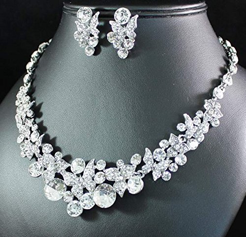Butterflies Clear Austrian Rhinestone Crystal Necklace Earring Set Gift Boxed Bridal N1625 Silver #TOP2