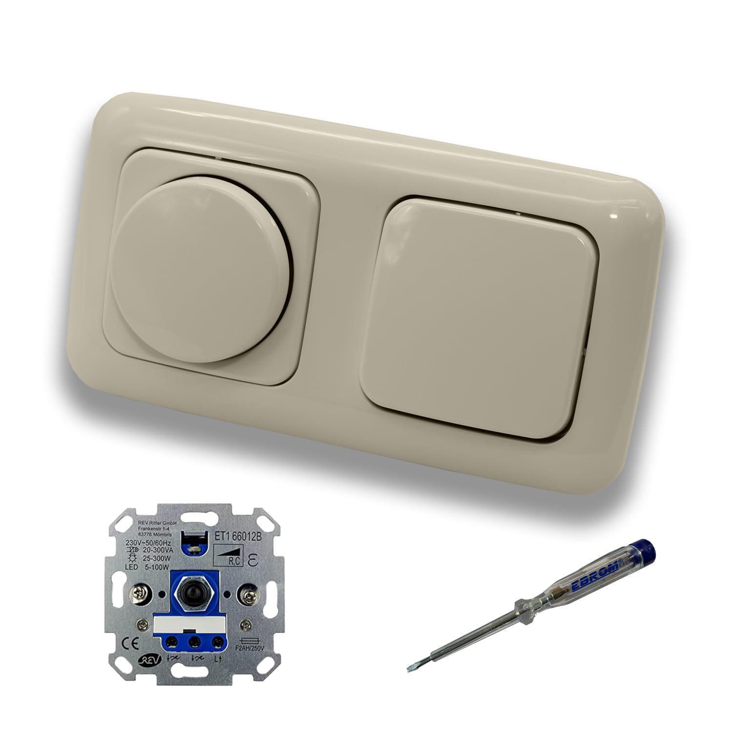 REV Ritter LED Drehdimmer Dimmer + Busch Jäger Dimmerscheibe 2115-212 und Lichtschalter 2000/6 US in DURO2000 cremeweiß glänzend inklusive EBROM Phasenprüfer zur Montage der Geräte ET1 66012B