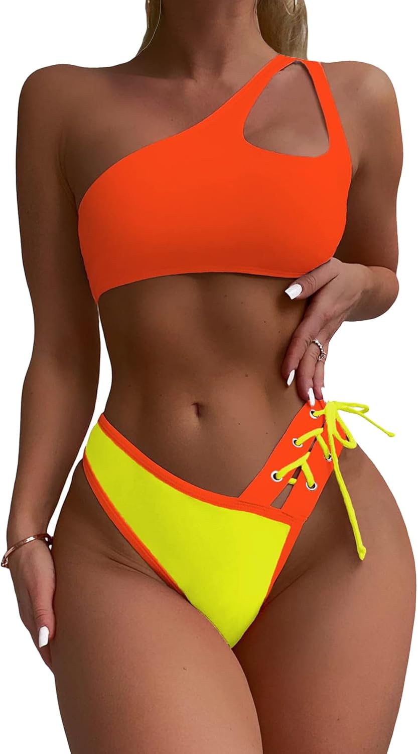 SherryDC Women's Cheeky Cutout One Shoulder Bikini Color Block V Cut High Leg Two Pieces Swimsuit