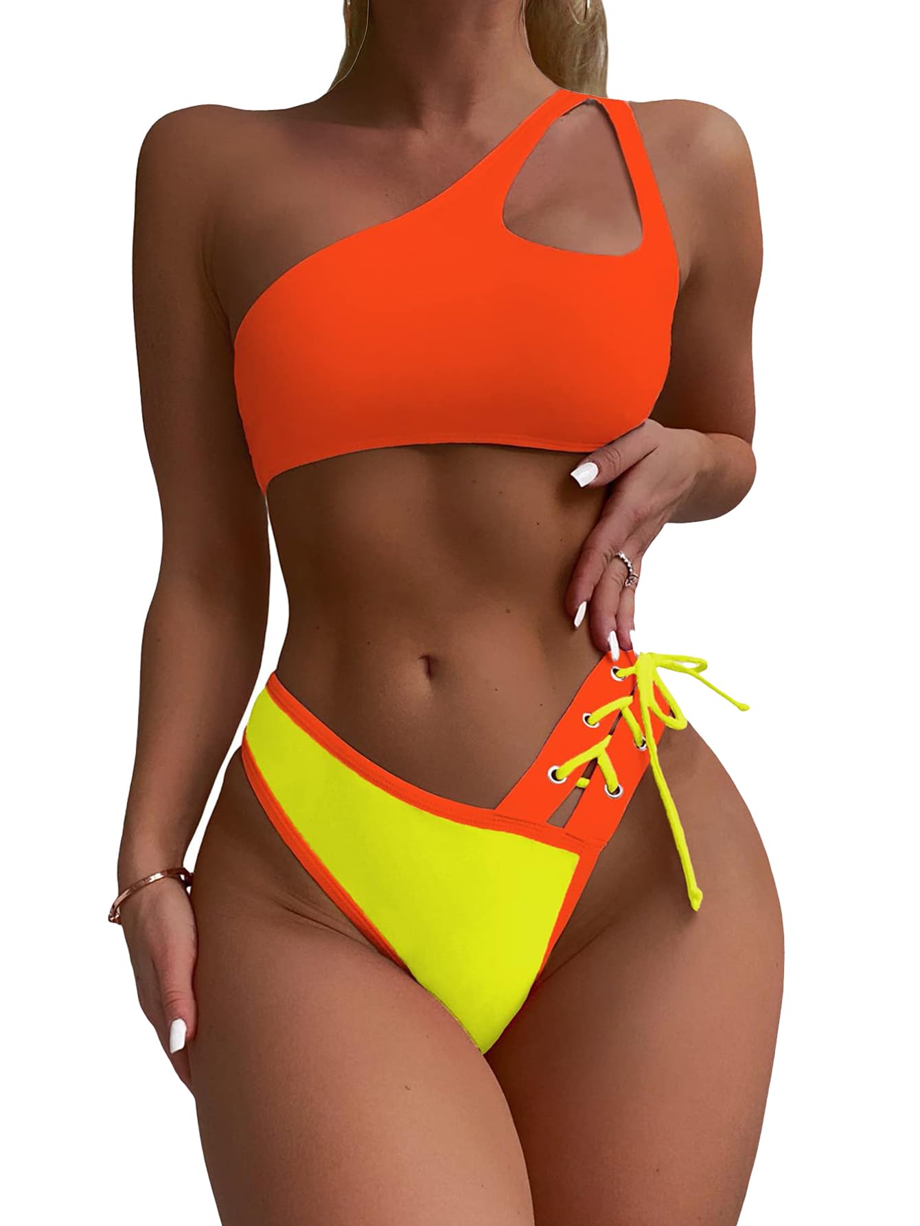 SherryDC Women's Cheeky Cutout One Shoulder Bikini Color Block V Cut High Leg Two Pieces Swimsuit