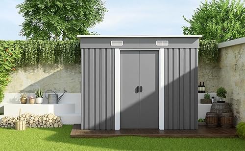 Metal Garden Shed with Floor Foundation, 89x47 Inch Outdoor Storage Tool House, Sloped Roof Design, Ventilation Slots, Lockable Sliding Double Doors, Steel Galvanized Base (Grey)