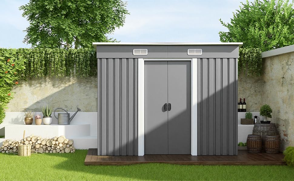 Metal Garden Shed with Floor Foundation, 89x47 Inch Outdoor Storage Tool House, Sloped Roof Design, Ventilation Slots, Lockable Sliding Double Doors, Steel Galvanized Base (Grey)