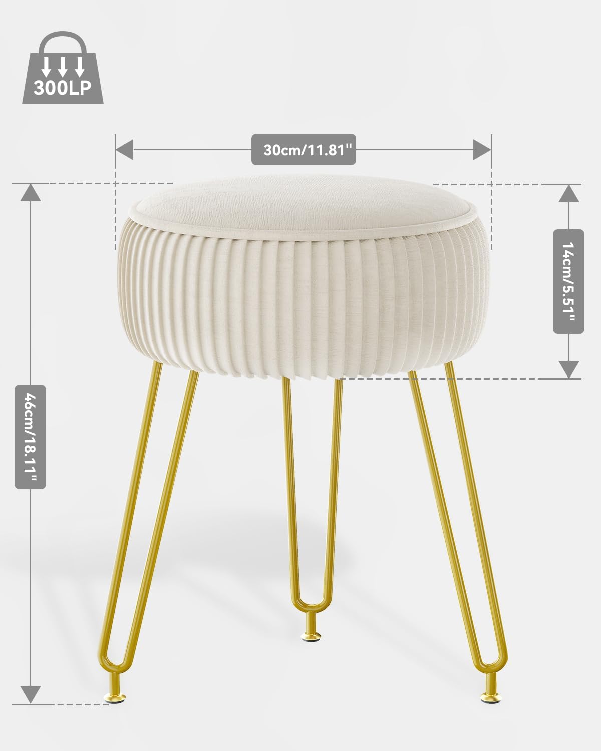 IBUYKE Velvet Round Footrest Stool Ottoman, Makeup Vanity Stool Side Table, Velvet Dressing Table Seat, Pouf Couch Stool, Golden Steel Legs, Creamy-White LG-30M - Image 3