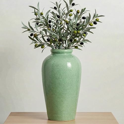 Green Ceramic Vase - 11 Inch Tall Modern Flower Vase for Pampas Grass, Pottery Decorative Vase for Centerpieces, Farmhouse Decor, Living Room, Kitchen, Shelf, Table Decor
