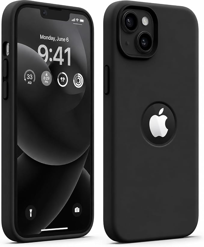 Elzzi Microfiber Logo Cut Compatible for iPhone 13 Case Liquid Silicone Cases Non-Slip Full Body 4 Layer Protectives Shockproof Back with High Raised Camera Lips (6.1 inch, Black)