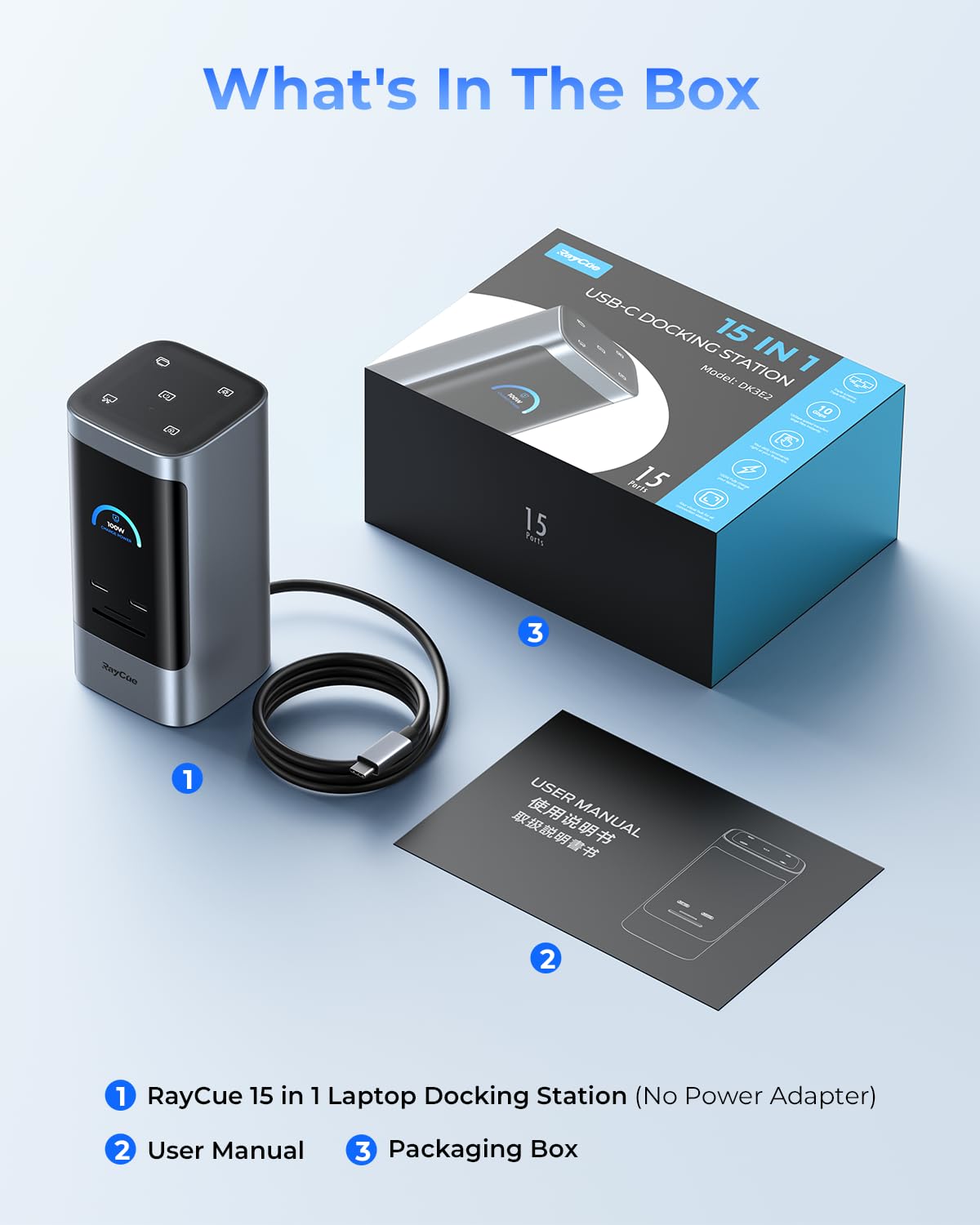RayCue Estación de Acoplamiento USB C, Pantalla Triple 15 en 1 con 5 Botones de Acceso Directo, Pantalla Inteligente, DP y HDMI, 10 G USB A/C, Gigabit Ethernet, 100 W PD, Audio, estación de