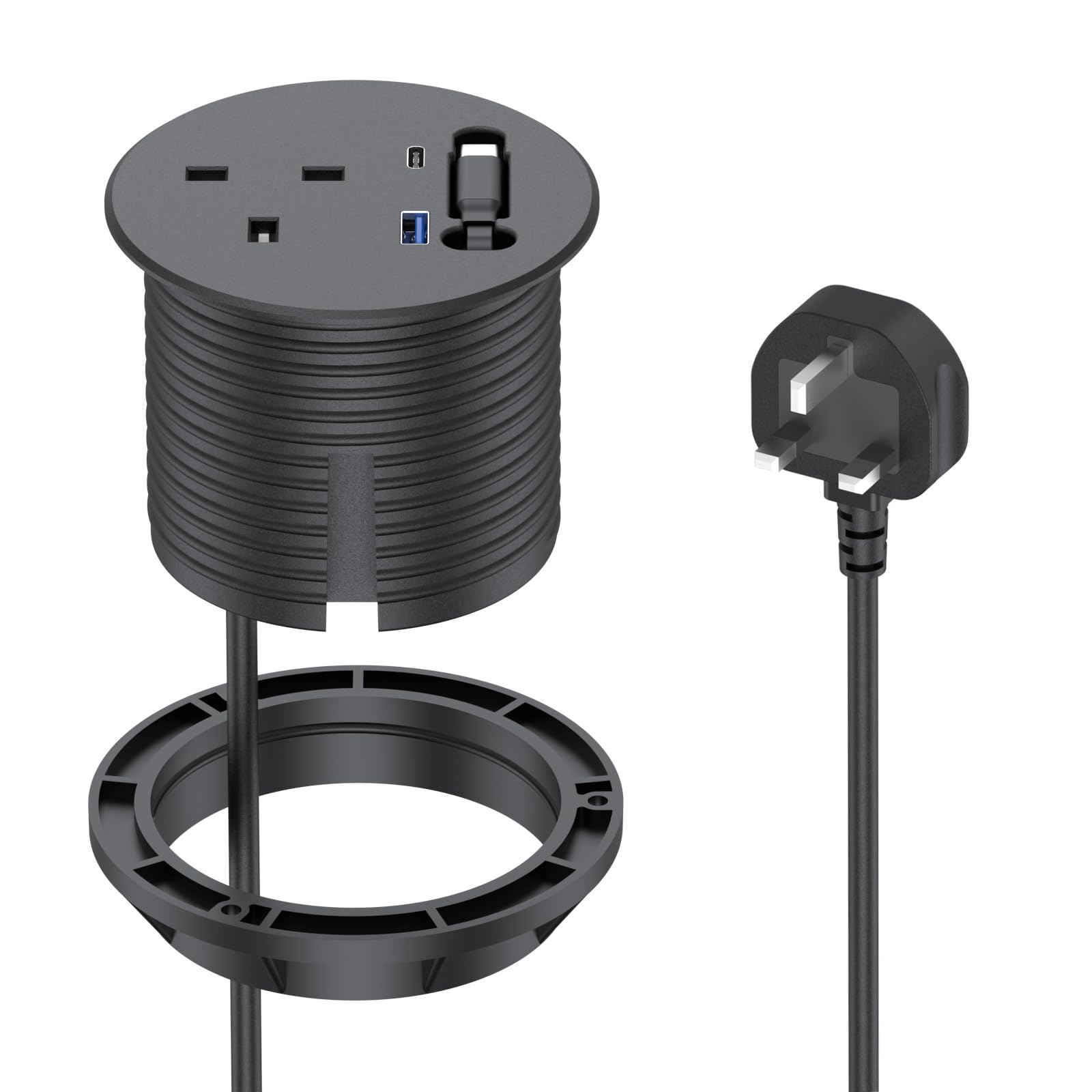 Recessed Power Socket,BQO Desk Power Socketwith Retractable USB C, 2 USB Ports,80mm Recessed Power Strip PD 20W,Extension Lead Grommet Socket 2m Cable for Home, Office,Black