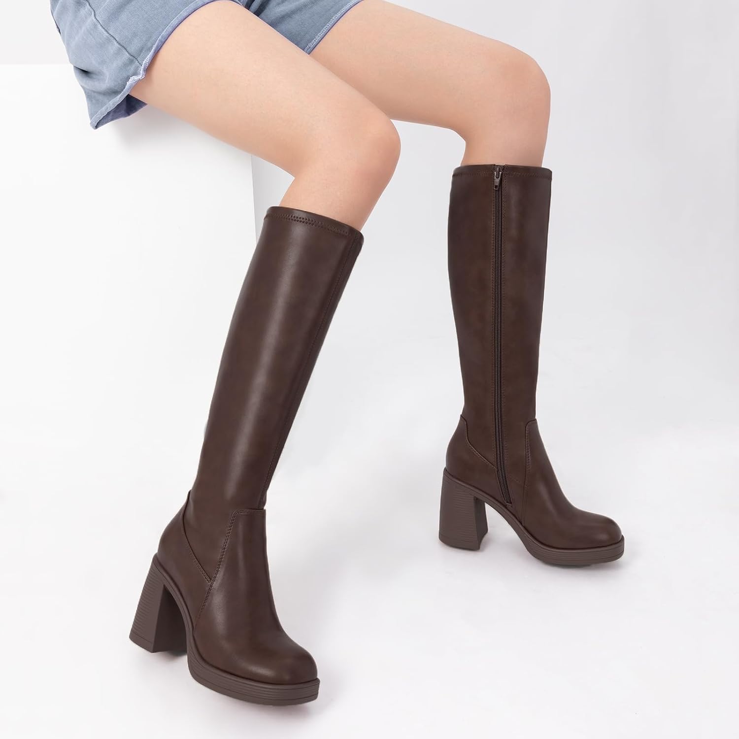 Athlefit Knee High Boots for Women Square Toe Platform Chunky Heel Stretchy Tall Boots with Side Zipper - Image 6