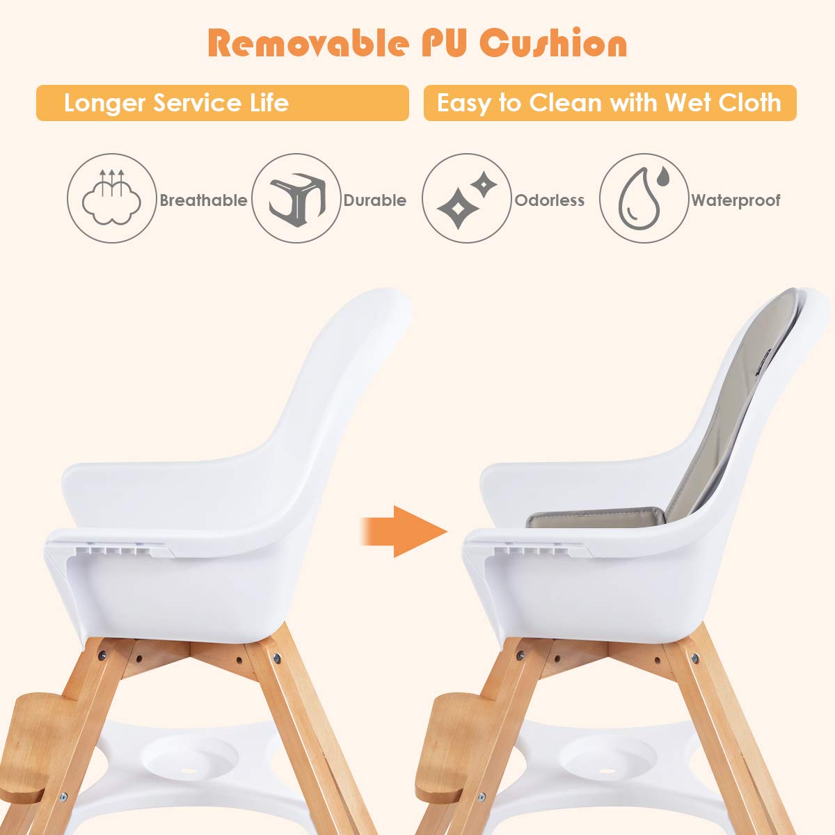 HONEY JOY Baby High Chair, 4 in 1 Convertible Wooden Highchair/Booster Seat/Rocking Chair/Toddler Chair with 5-Point Safety Harness, 3-Position Adjustable Feeding Tray for Infant Toddler (Gray)