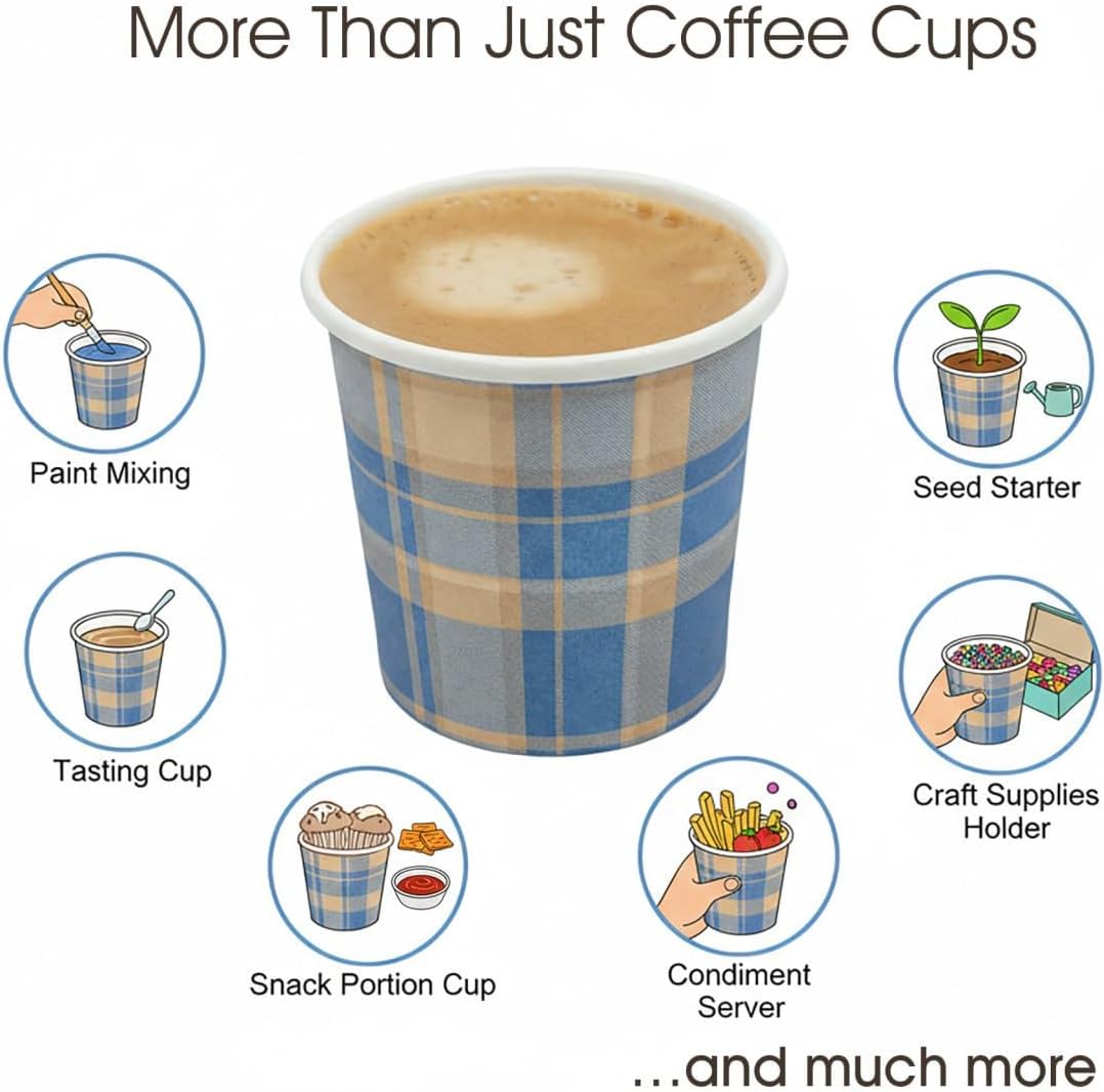 Disposable Espresso Cups with Lids - 4 Oz - 50 Sets - Blue Tartan Print - Small To Go Paper Cups with Tops for Home Office or Party - Image 5