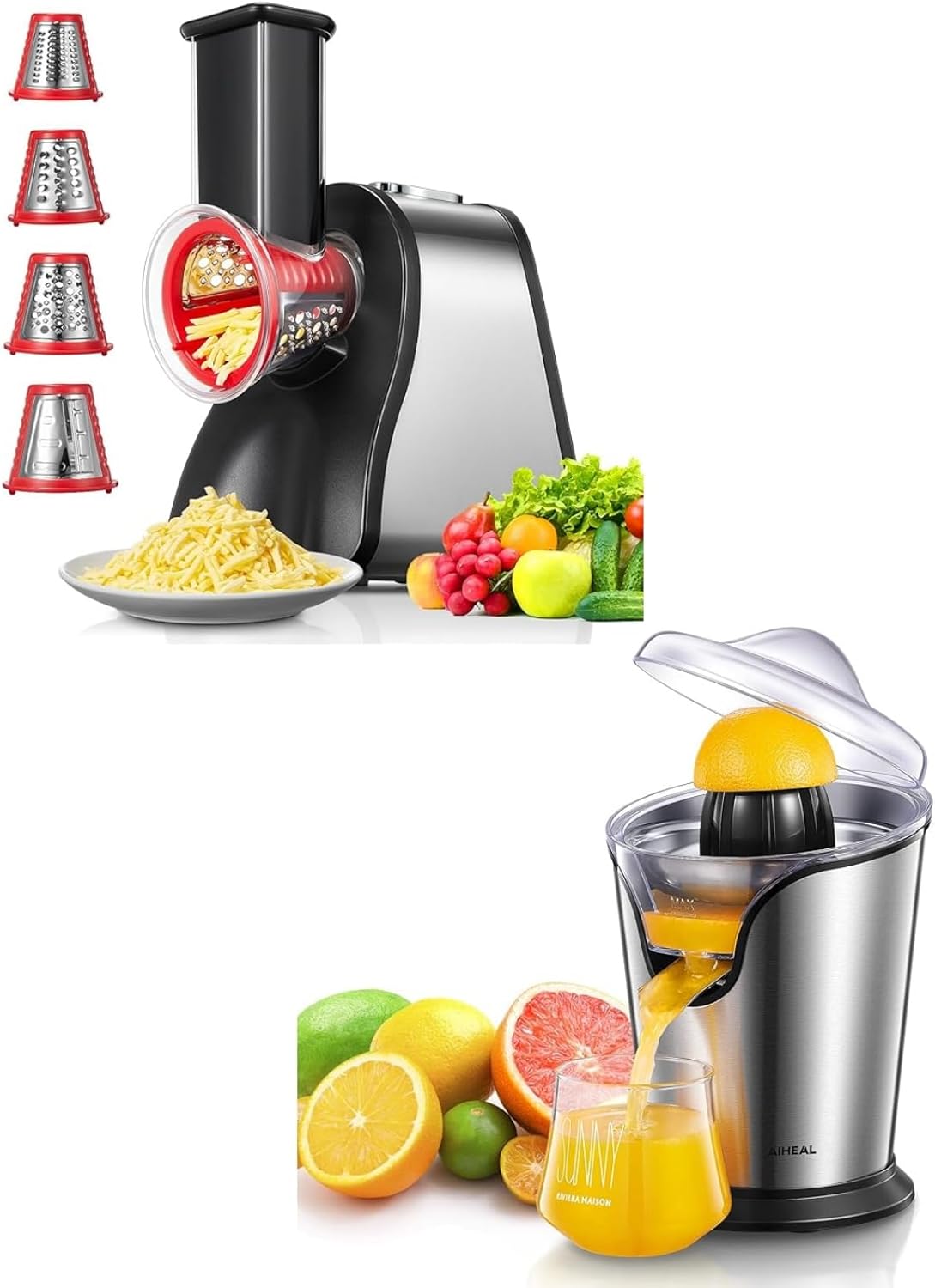 Electric Cheese Grater 150W Cheese Shredder & Orange Juicer Machine Electric Citrus Juicer with Two Interchangeable Cones