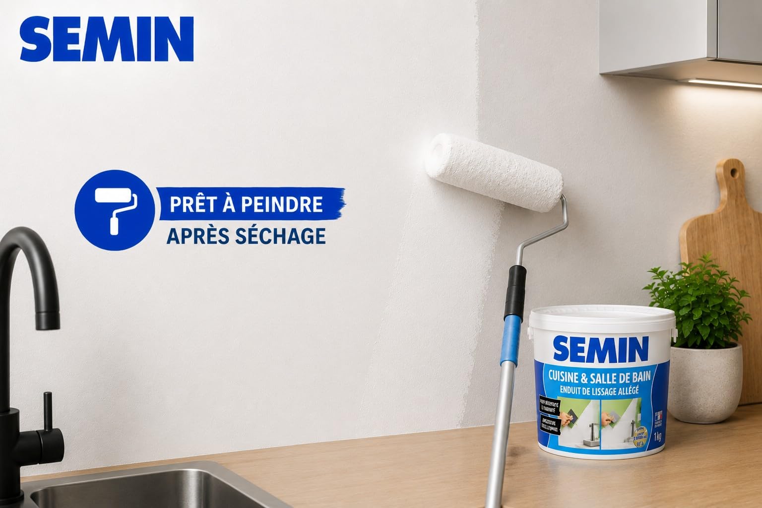 SEMIN Kit Lissage Salle de Bain & Cuisine – Enduit Hydro Pièces Humides 1 kg + Lame CE 78 15 cm + Raclette à Lisser – Prêt à l’Emploi – Finition Murale Avant Peinture- Cuisine & Salle de bain