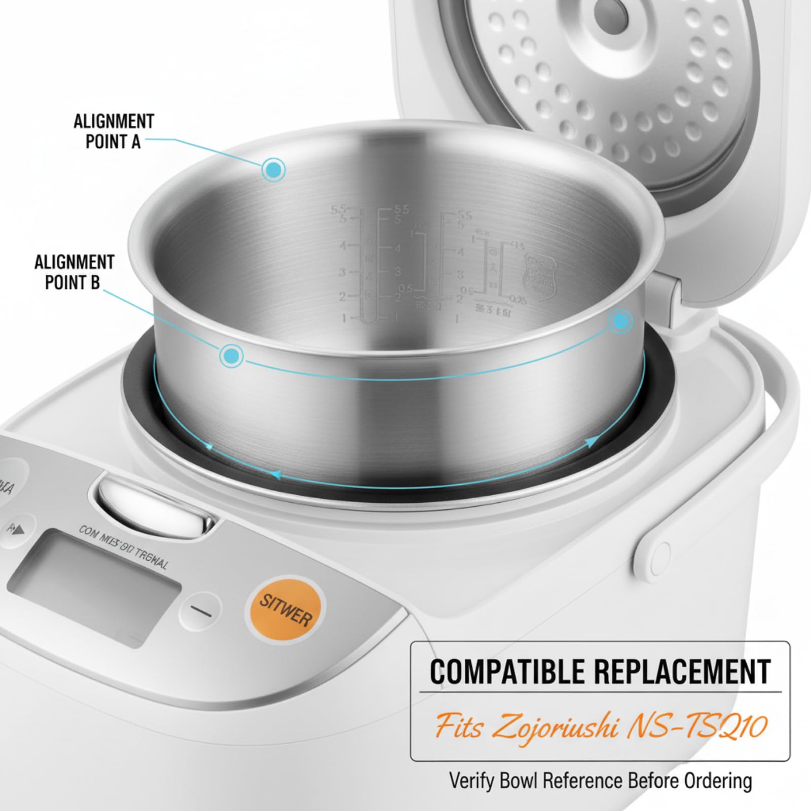 Pot intérieur en acier inoxydable 316 3L compatible avec cuiseur à riz Zojirushi NS-TSQ10, bol de rechange pour B362/B366, insert épais en une seule pièce avec chaleur uniforme et performance de
