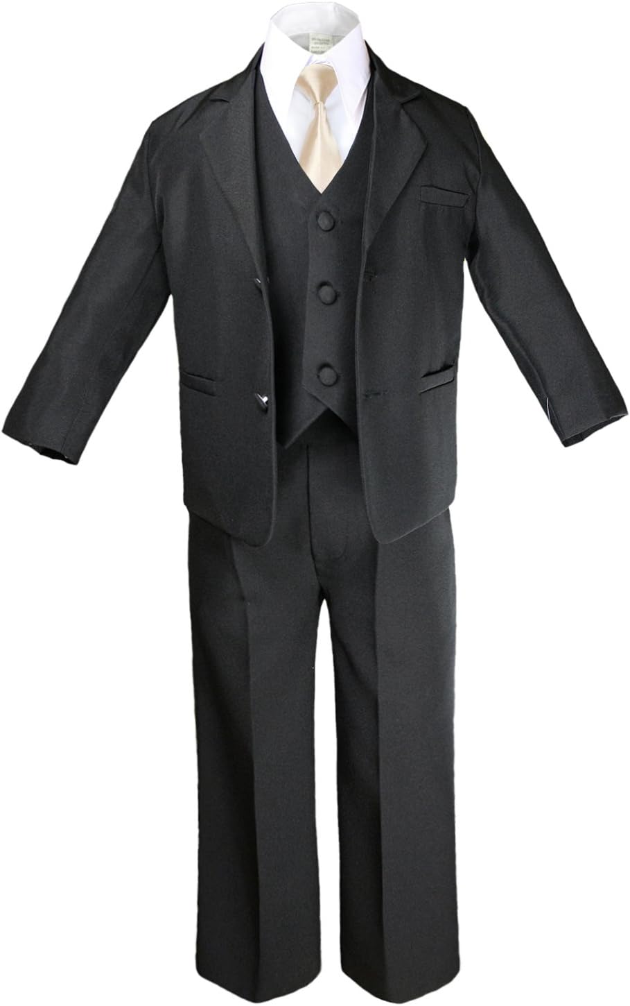 6pc Boy Black Vest Set Formal Tuxedo Suits with Satin Champagne Necktie Baby to Teen