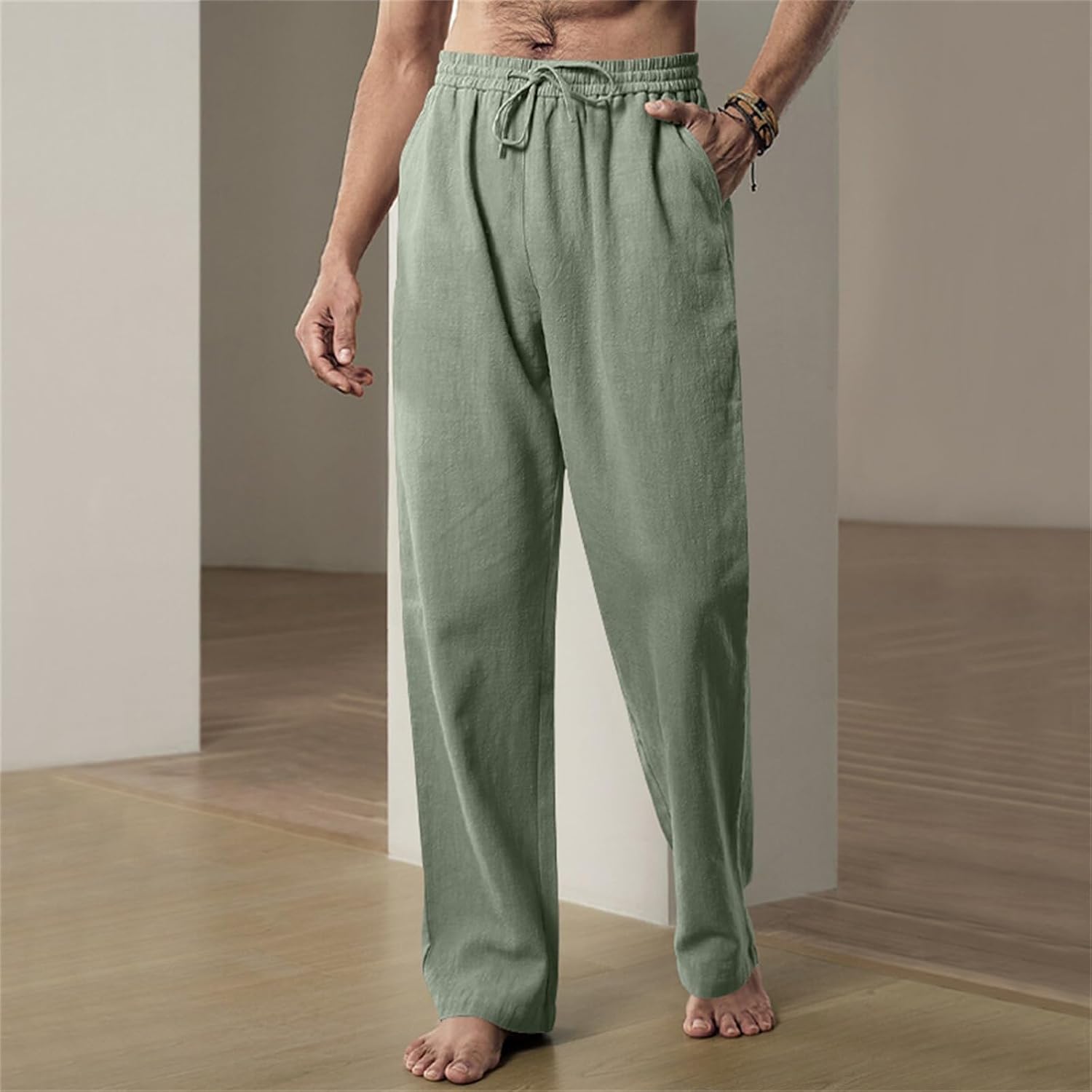 Linen Pants for Men Drawstring Elastic Waist Yoga Pants with Pockets Straight-Leg Lightweight Loose Beach Trousers