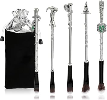 [5 PCS] Makeup Brush Set Metal, 3D Silver Handle Wizard Wand for Foundation Blush, Eyeshadow, Face Concealer, Eyeliner Contour, Powder Liquid Eye, H P Movie, Anime Gift for Girls, Women